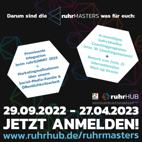 ruhrMASTERS - jetzt anmelden, 6-monatiges individuelles Coachingprogramm, Besuch von internationalen Startup Events u.v.m.