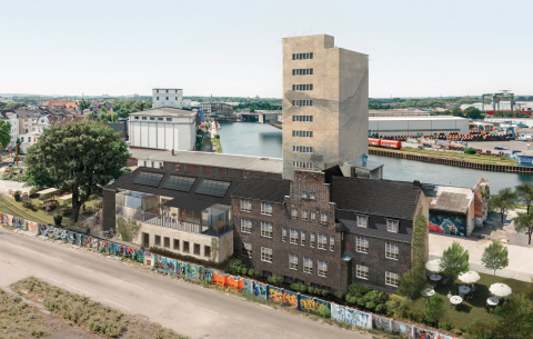 Der Gebäudekomplex Speicherstraße 41–45 soll mit neuem Leben gefüllt werden. Die Visualisierungen zeigen, wie Vorder- und Rückseite künftig aussehen sollen (